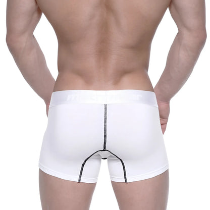 White men’s cotton boxer briefs with black seam stitching and subtle logo on waistband metro male wear 7 inch