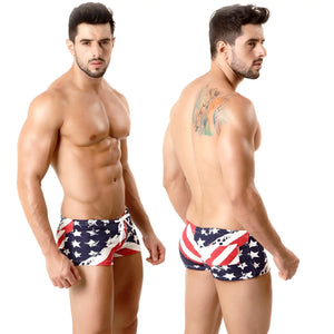 Men’s metroMalewear cotton swim trunks with american flag pattern in red white and blue patriotic colors