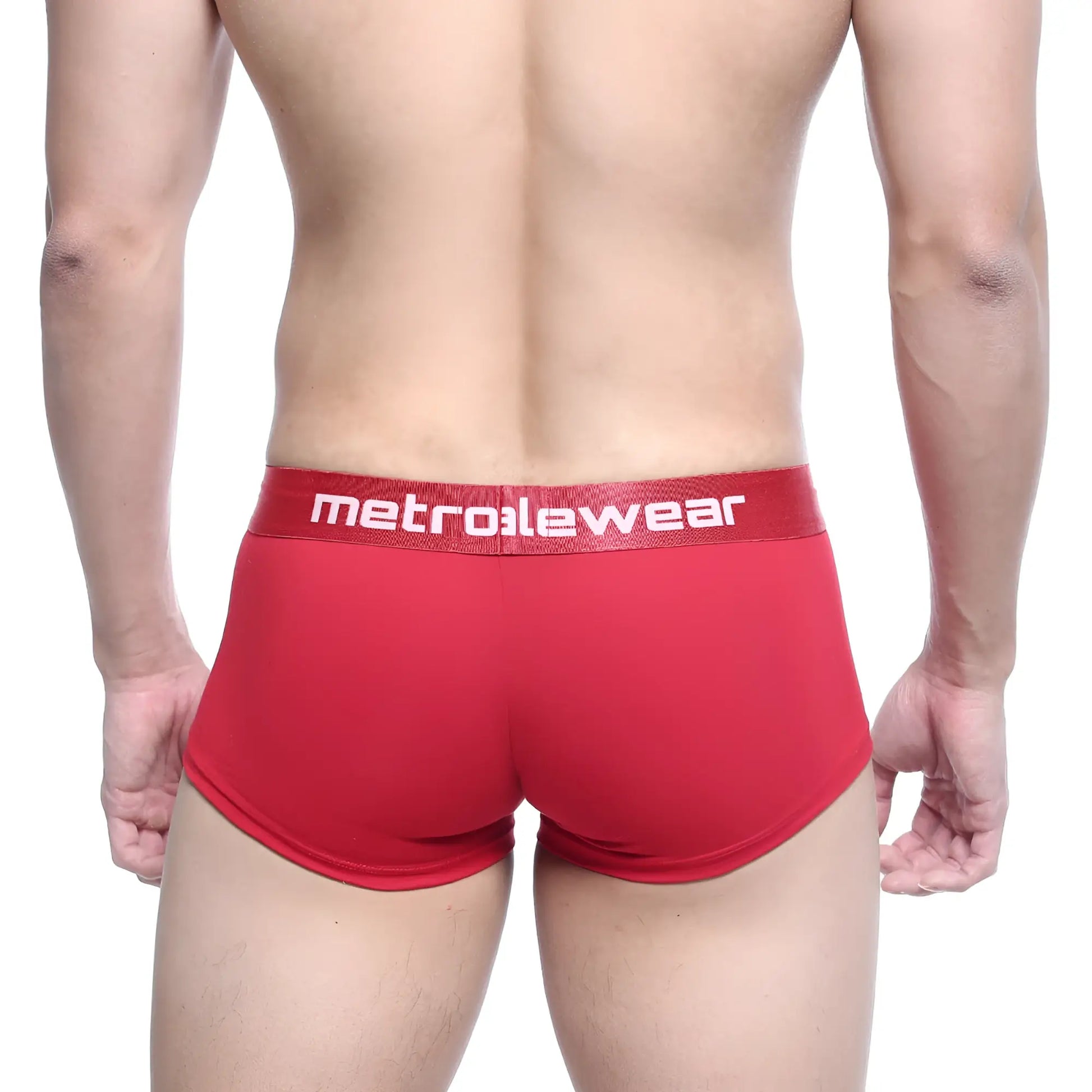 Red metroalewear briefs with textured fabric and white logo on waistband from metro malewear county trunk 2026-12