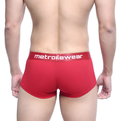 Red metroalewear briefs with textured fabric and white logo on waistband from metro malewear county trunk 2026-12