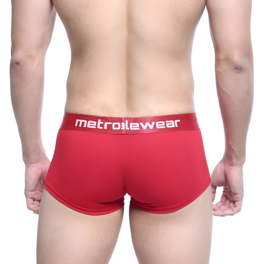Red metroalewear briefs with textured fabric and white logo on waistband from metro malewear county trunk 2026-12