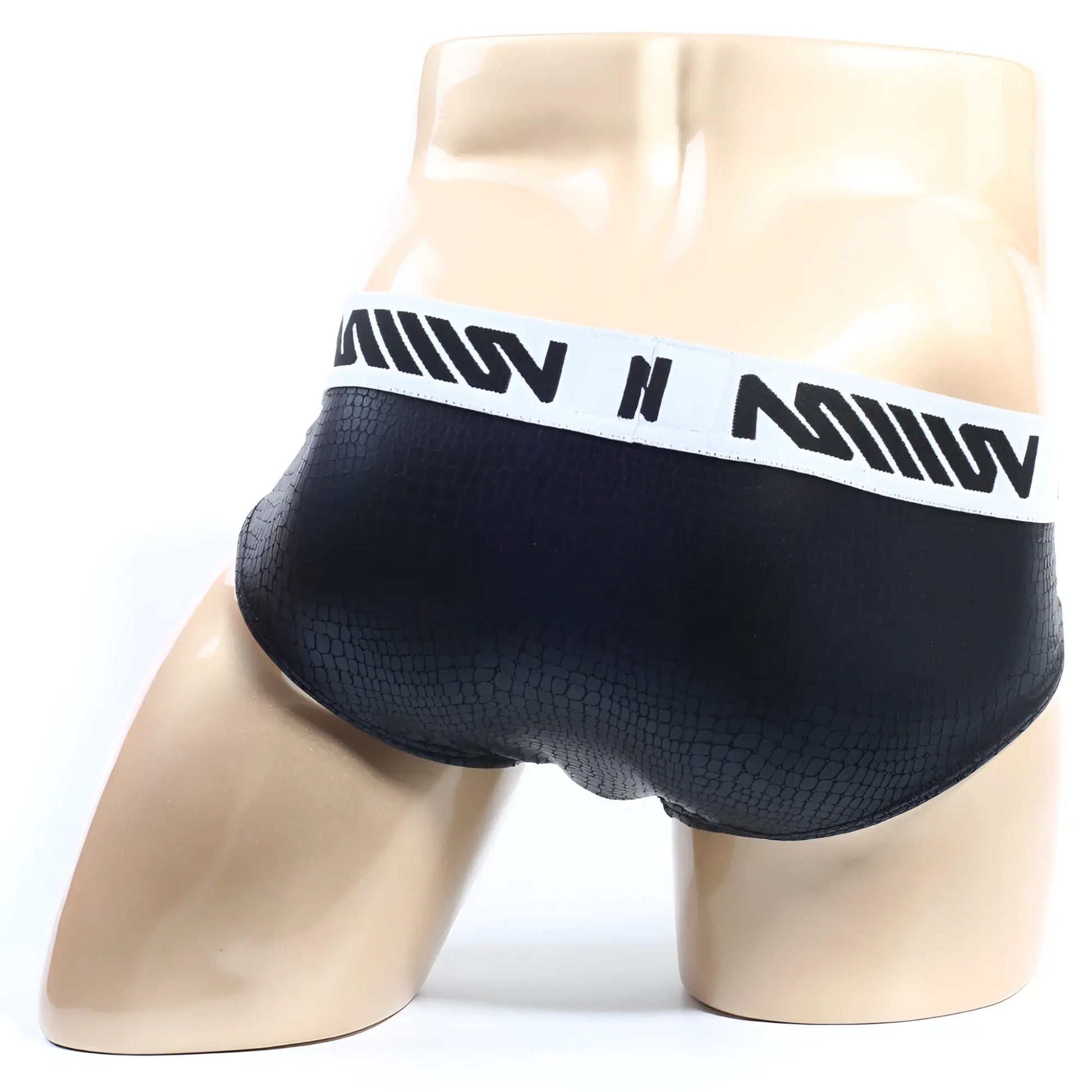 MetroMaleWear crocodile hip brief 5003-85 black textured briefs with white waistband and bold black lettering