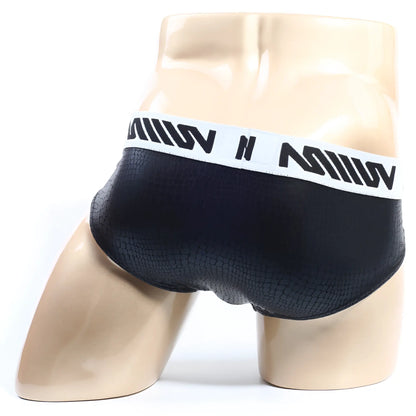 MetroMaleWear crocodile hip brief 5003-85 black textured briefs with white waistband and bold black lettering