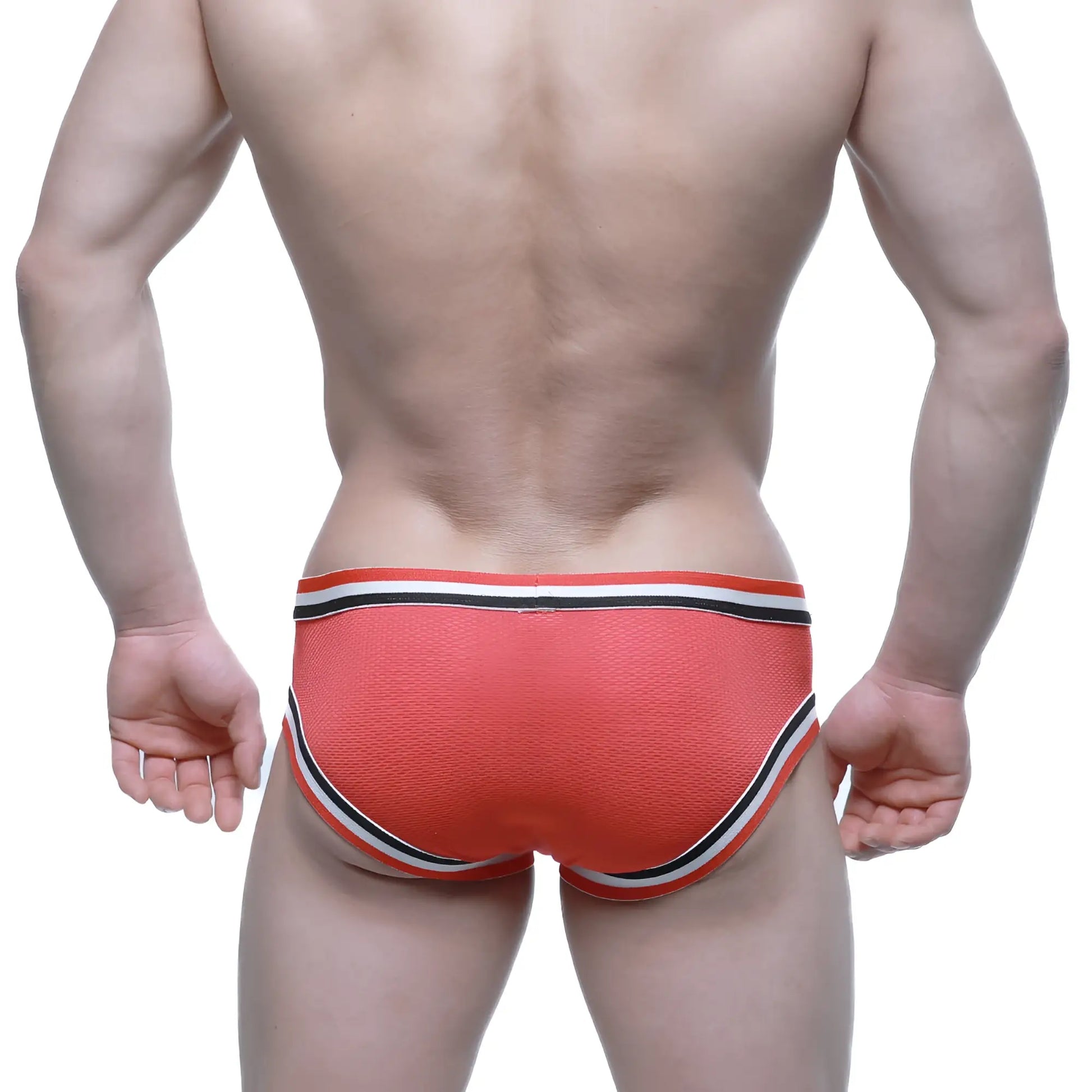 Orange textured briefs with black and white striped trim from MetroMaleWear Cupid Bikini Red 6105-12 product line
