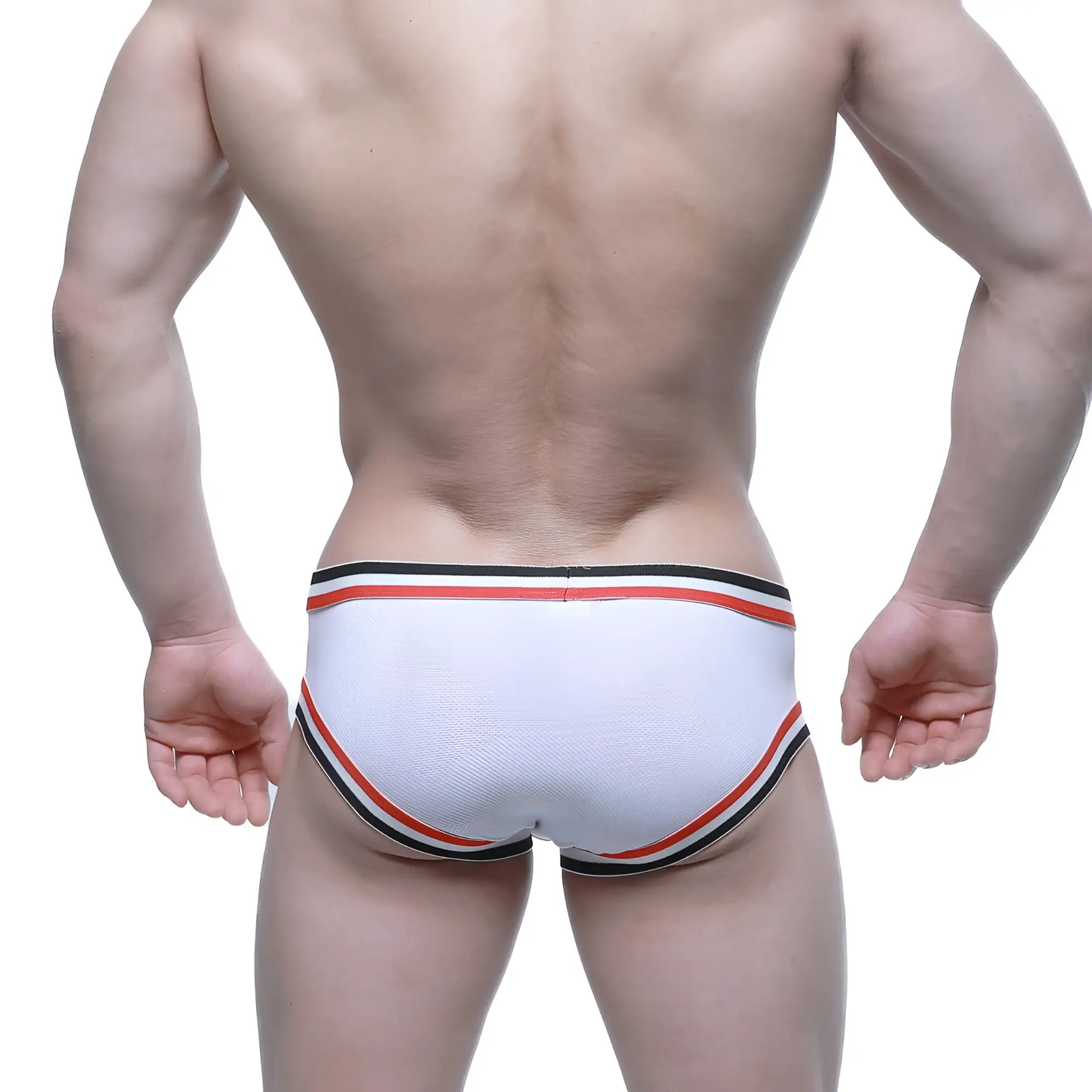 White athletic briefs with red and black striped trim from MetroMaleWear Cupid Bikini white 6105-01 collection