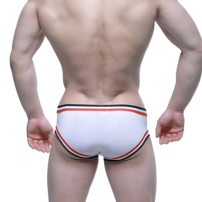 White athletic briefs with red and black striped trim from MetroMaleWear Cupid Bikini white 6105-01 collection