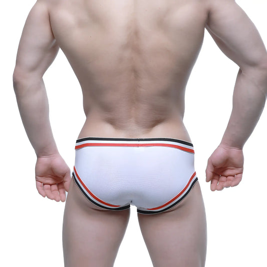 White athletic briefs with red and black striped trim from MetroMaleWear Cupid Bikini white 6105-01 collection
