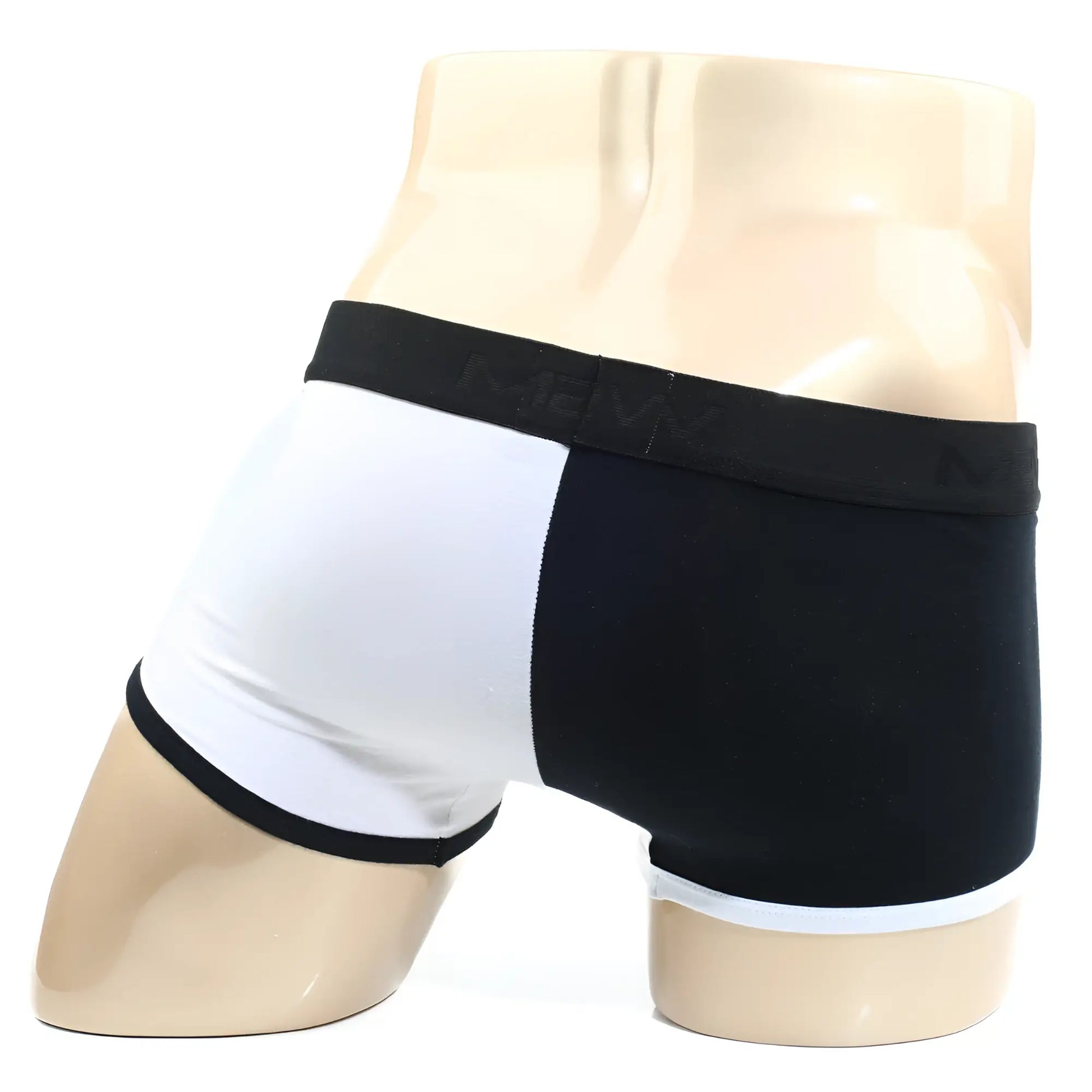 Black and white two-tone boxer briefs with black waistband and new logo by MetroMaleWear Daemon no show boxer 2924-00