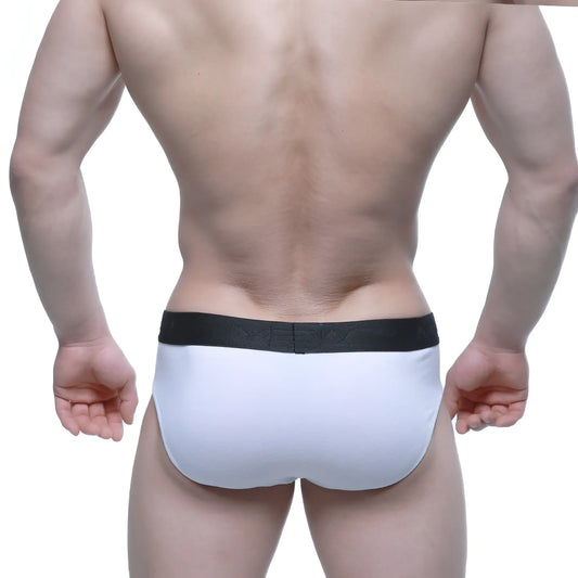 White briefs with black elastic waistband featuring nerdy branding metroMalewear daily brief white 5003-01