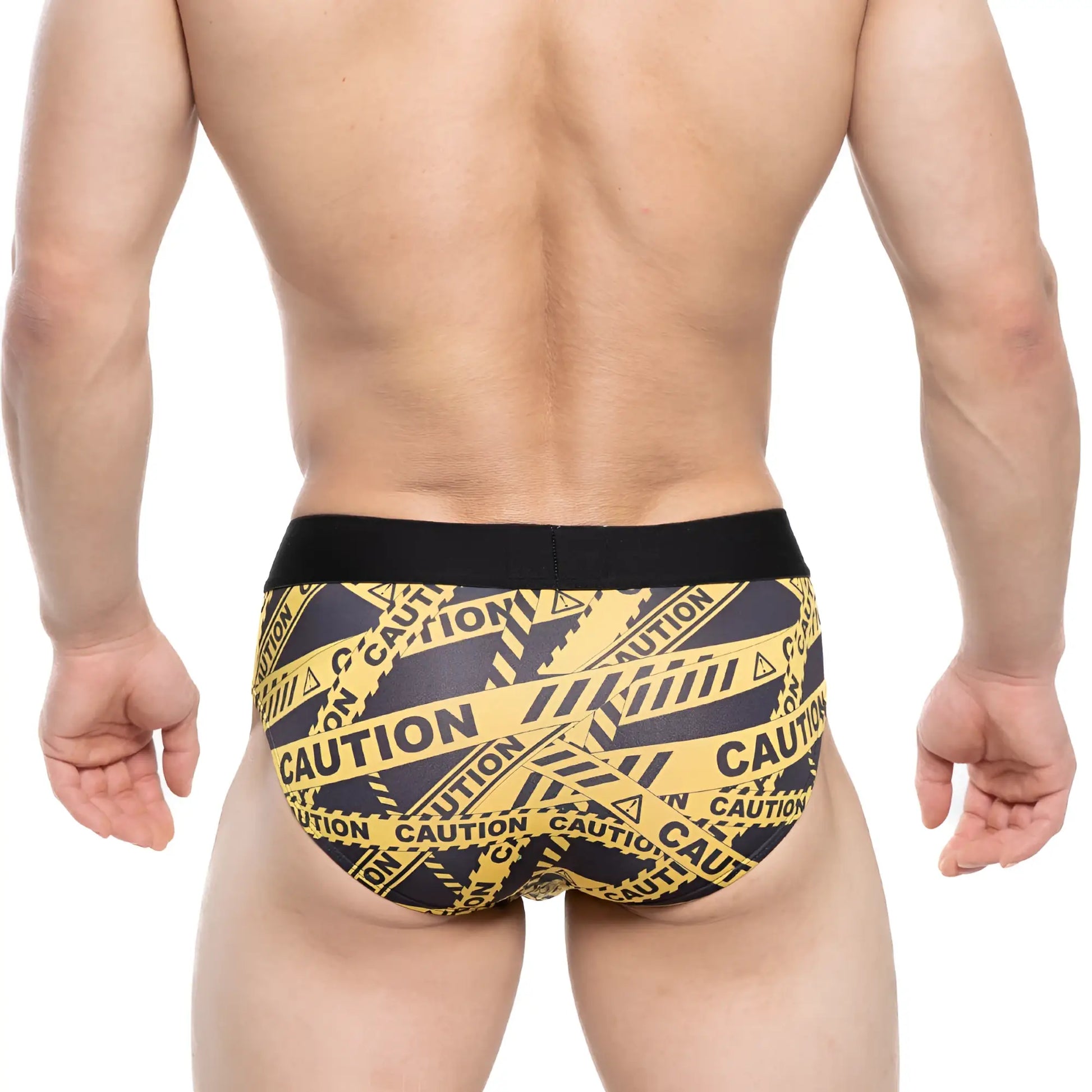 MetroMaleWear Danger Brief black 5003-66 yellow and black caution tape patterned briefs with solid black waistband