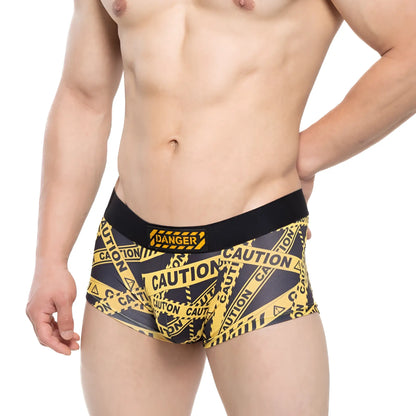 MetroMaleWear Danger short boxer black 2026-73 men’s briefs with black and yellow caution tape pattern and danger waistband