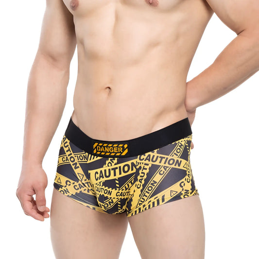 MetroMaleWear Danger short boxer black 2026-73 men’s briefs with black and yellow caution tape pattern and danger waistband