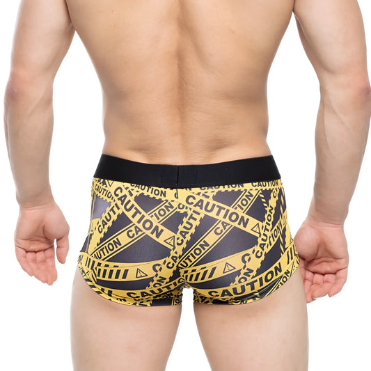 MetroMaleWear danger short boxer black 2026-73 men’s boxer briefs with black and yellow caution tape pattern and black waistband