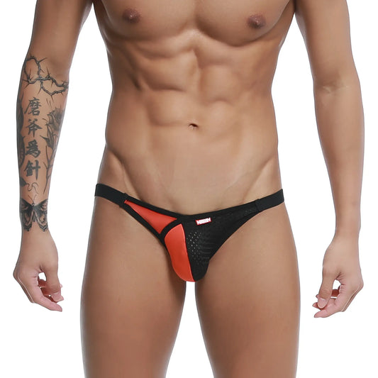 MetroMaleWear Dangerous jock strap orange 8001-24 black and orange mesh thong with red logo on waistband front view