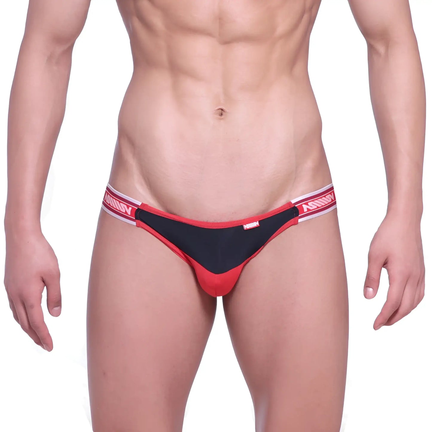 Red and black metro malewear dangerous jock strap valiente 8001-30 with white elastic waistband and mann branding
