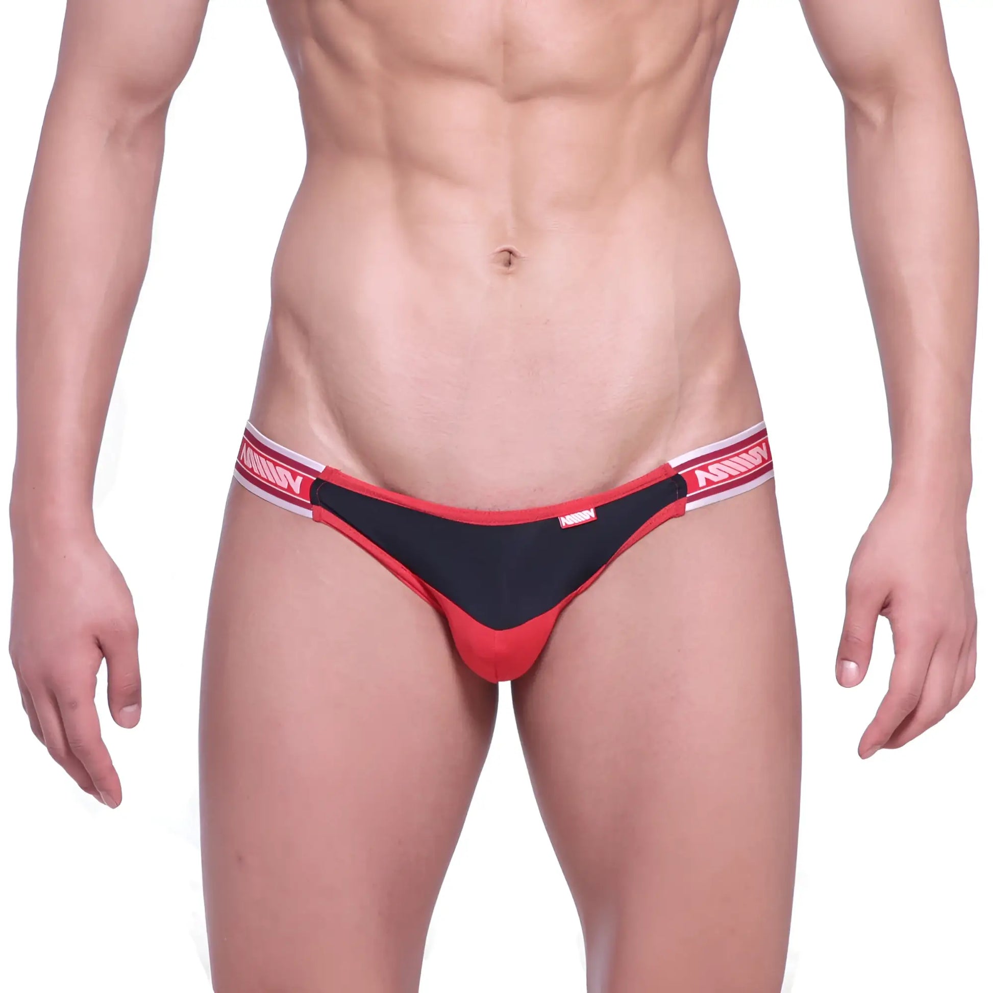 Red and black metro malewear dangerous jock strap valiente 8001-30 with white elastic waistband and mann branding