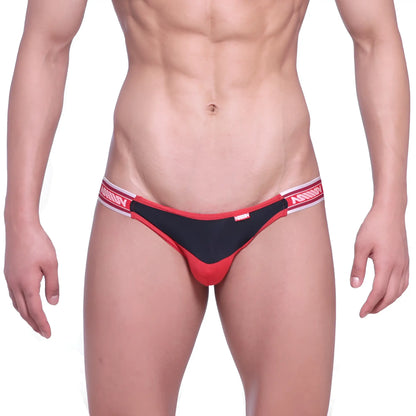Red and black metro malewear dangerous jock strap valiente 8001-30 with white elastic waistband and mann branding