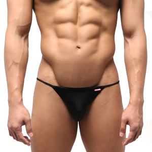 Black sheer mesh thong swim bikini with thin waistband and small red logo on the side from metromalewear