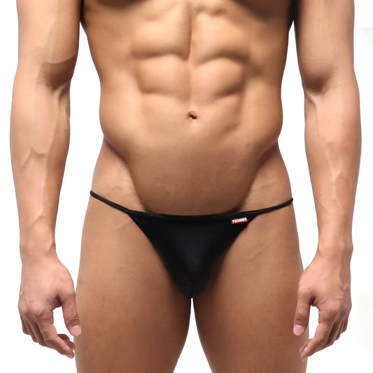 Black sheer mesh thong swim bikini with thin waistband and small red logo on the side from metromalewear