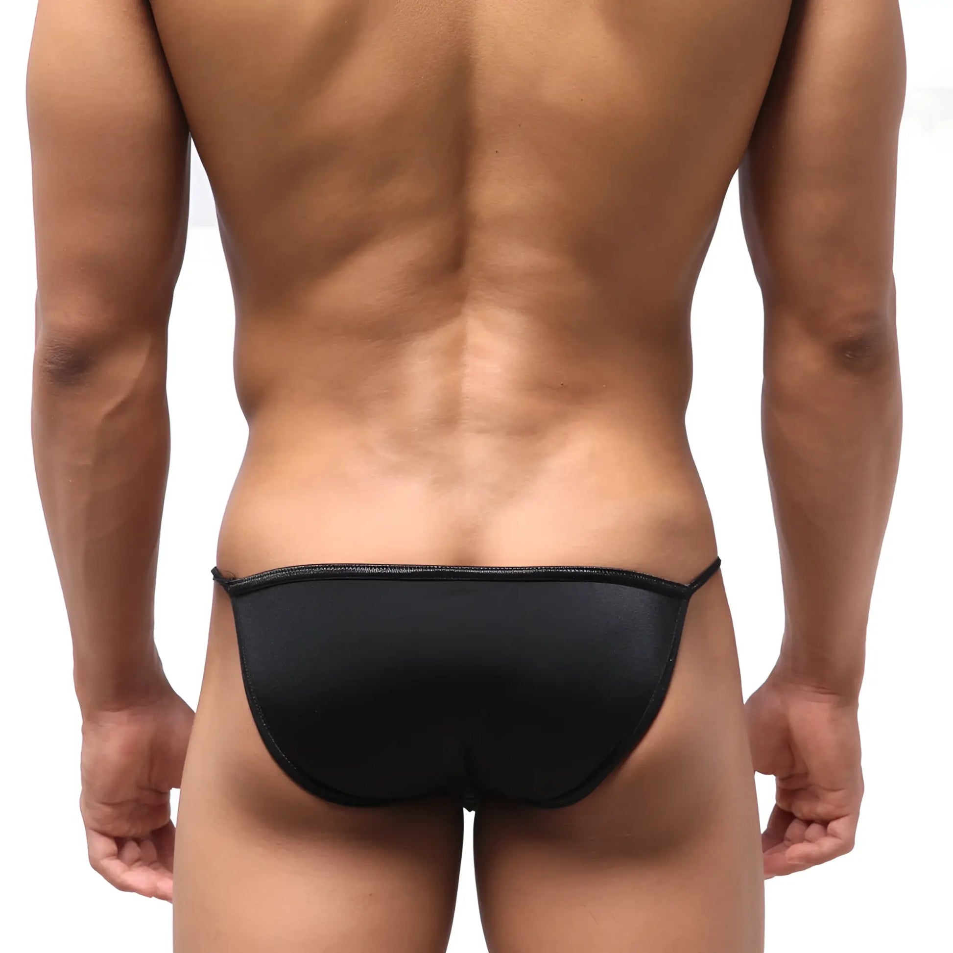 Black sleek form-fitting swim trunks with smooth fabric finish in MetroMaleWear Dangerous Swim Bikini 4930-20