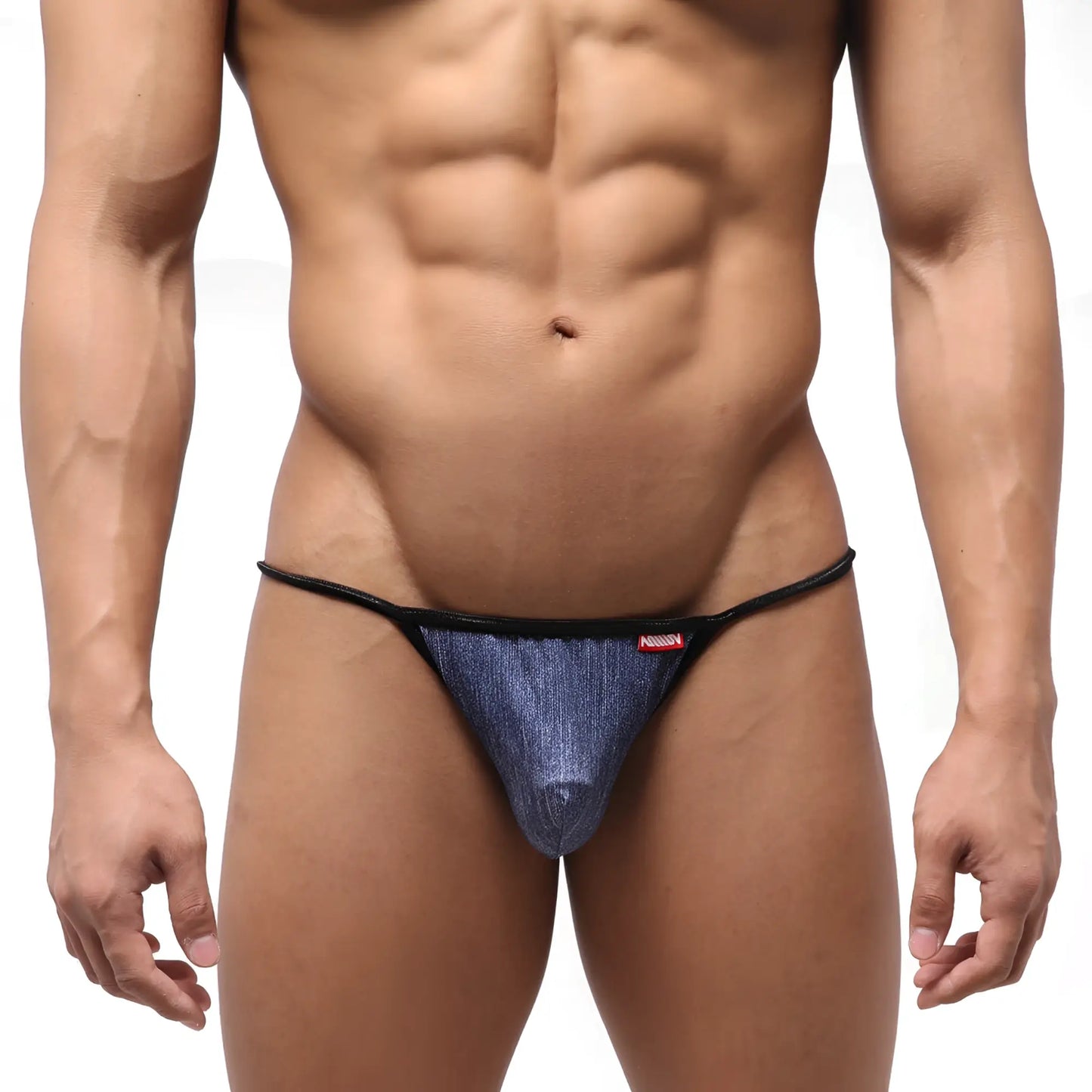 Blue denim thong swim bikini with black elastic waistband and small red logo by metromalewear dangerous 4930-60