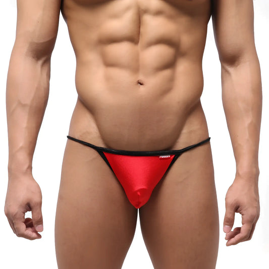 Red and black MetroMaleWear Dangerous Swim bikini with shiny stretchy fabric waistband shown from the back side