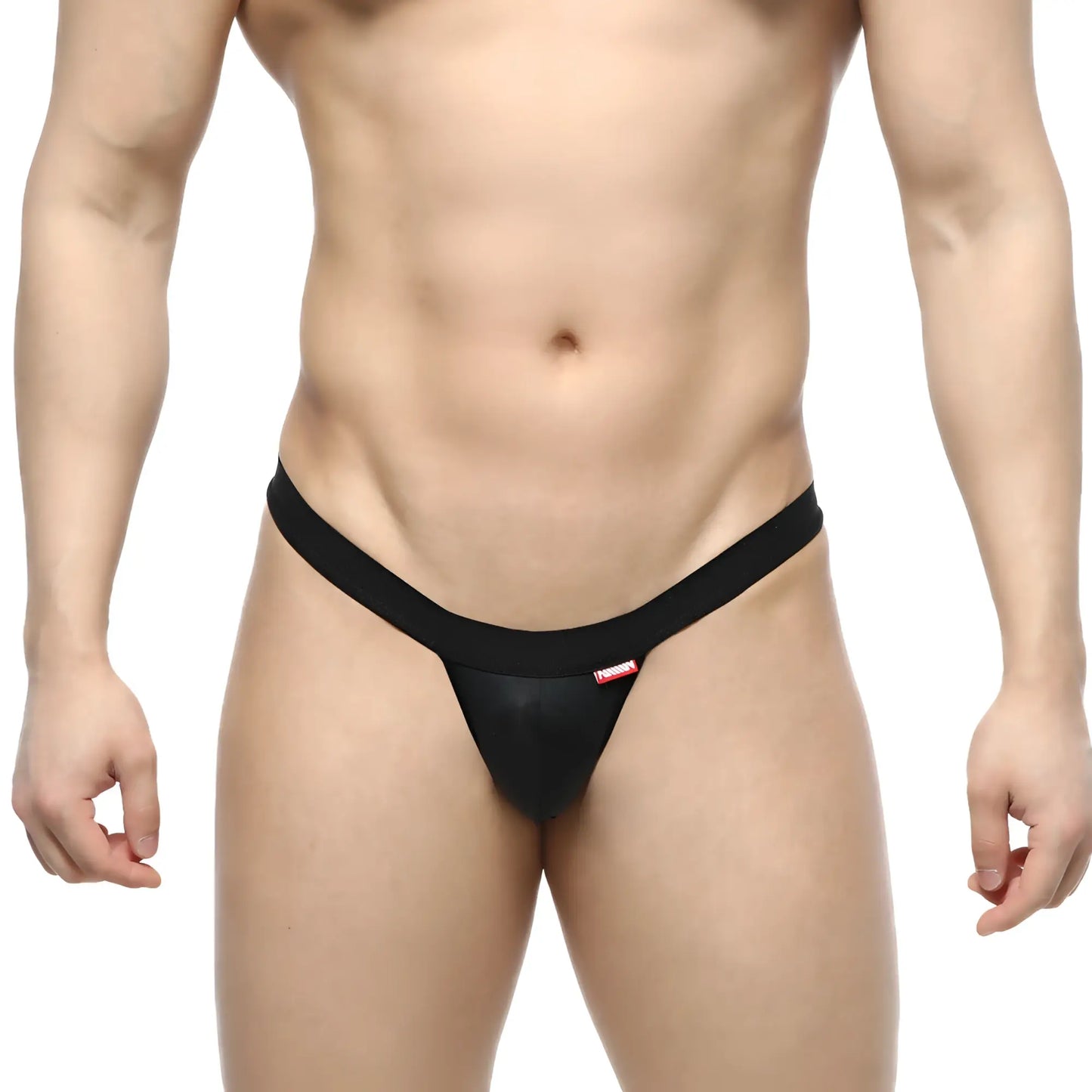 Black thong with smooth form-fitting design and small red logo on waistband shown from the back by MetroMaleWear