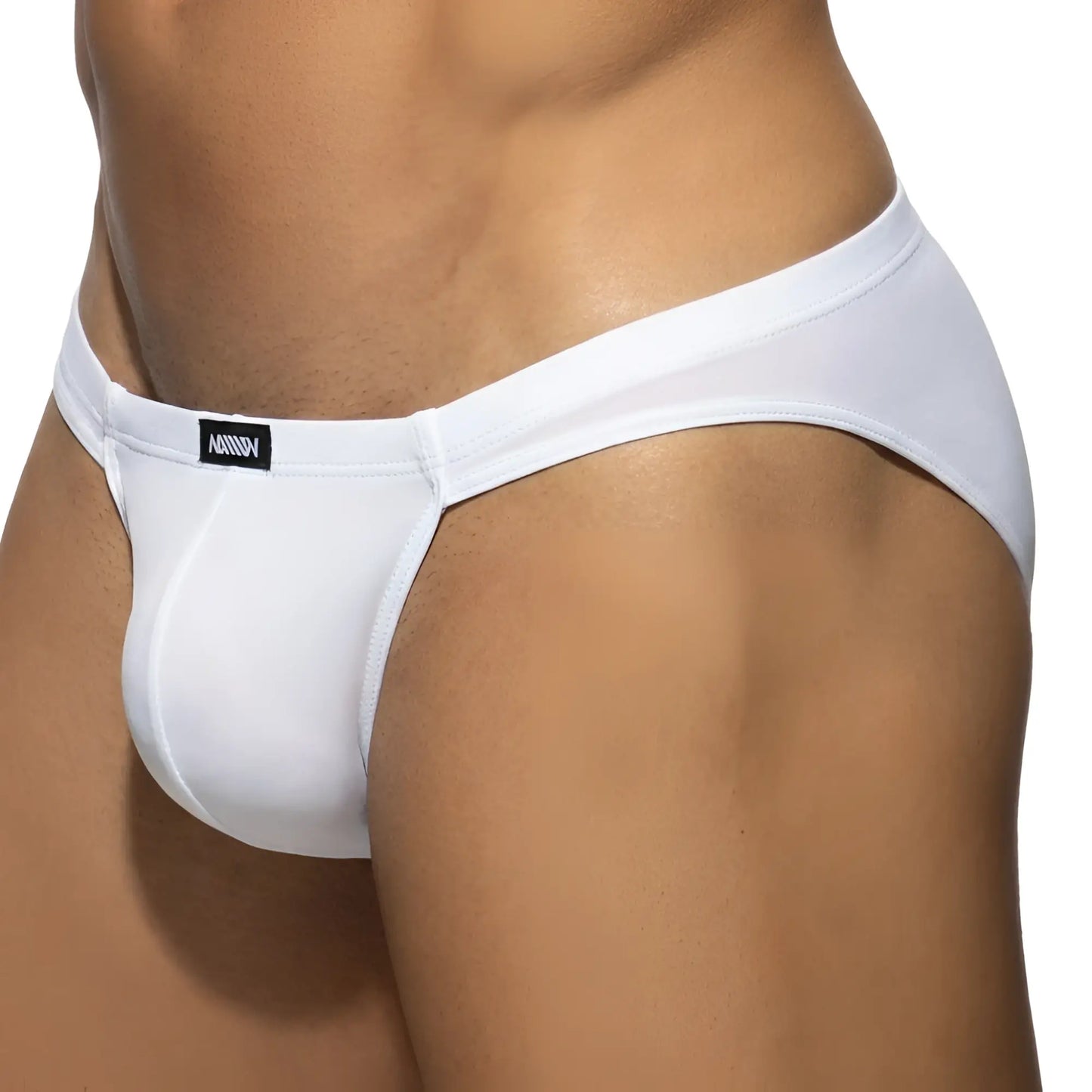 White mens briefs metroMalewear darcian bikini with sleek form-fitting design and subtle brand tag on waistband