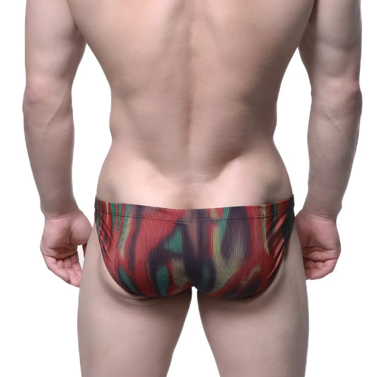 MetroMaleWear Delado bikini white 5103-m71 vibrant red green and black abstract patterned ribbed swim trunks