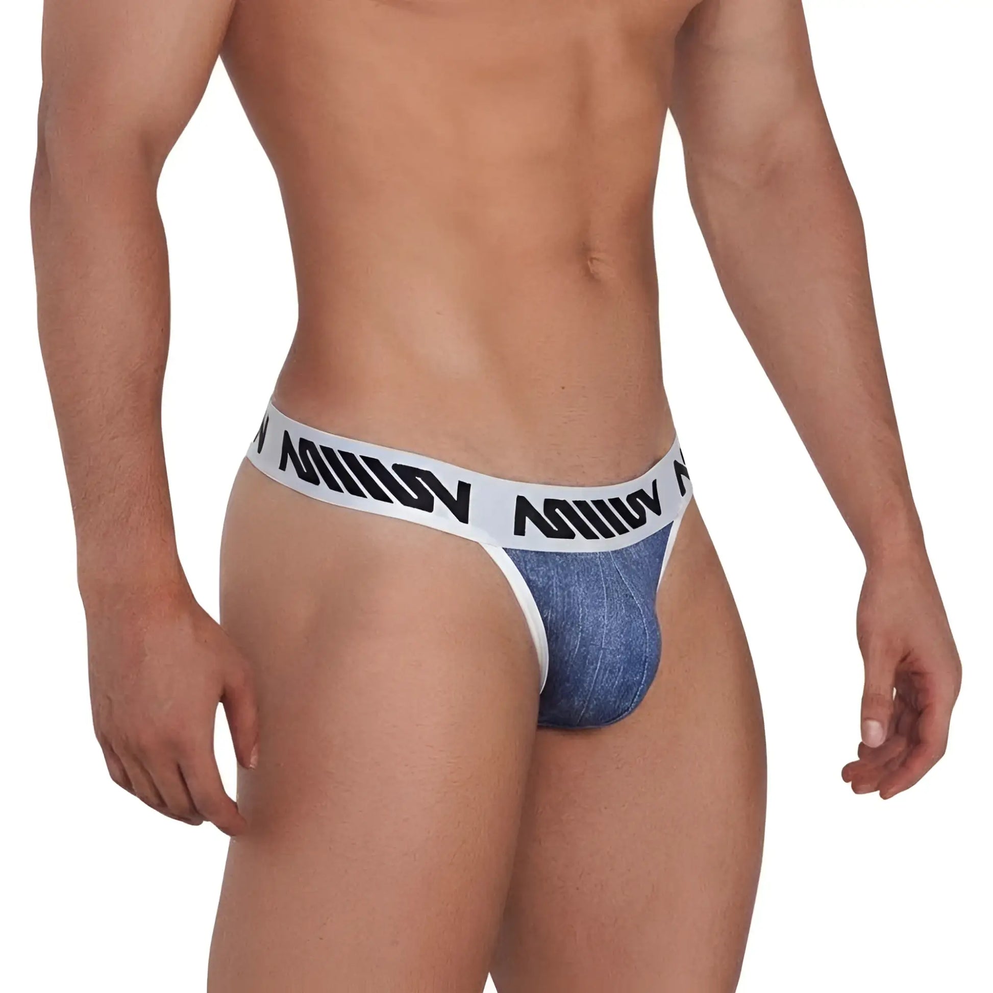 Blue denim textured men’s thong with white elastic waistband and black miliv branding metroMalewear denim thong indigo