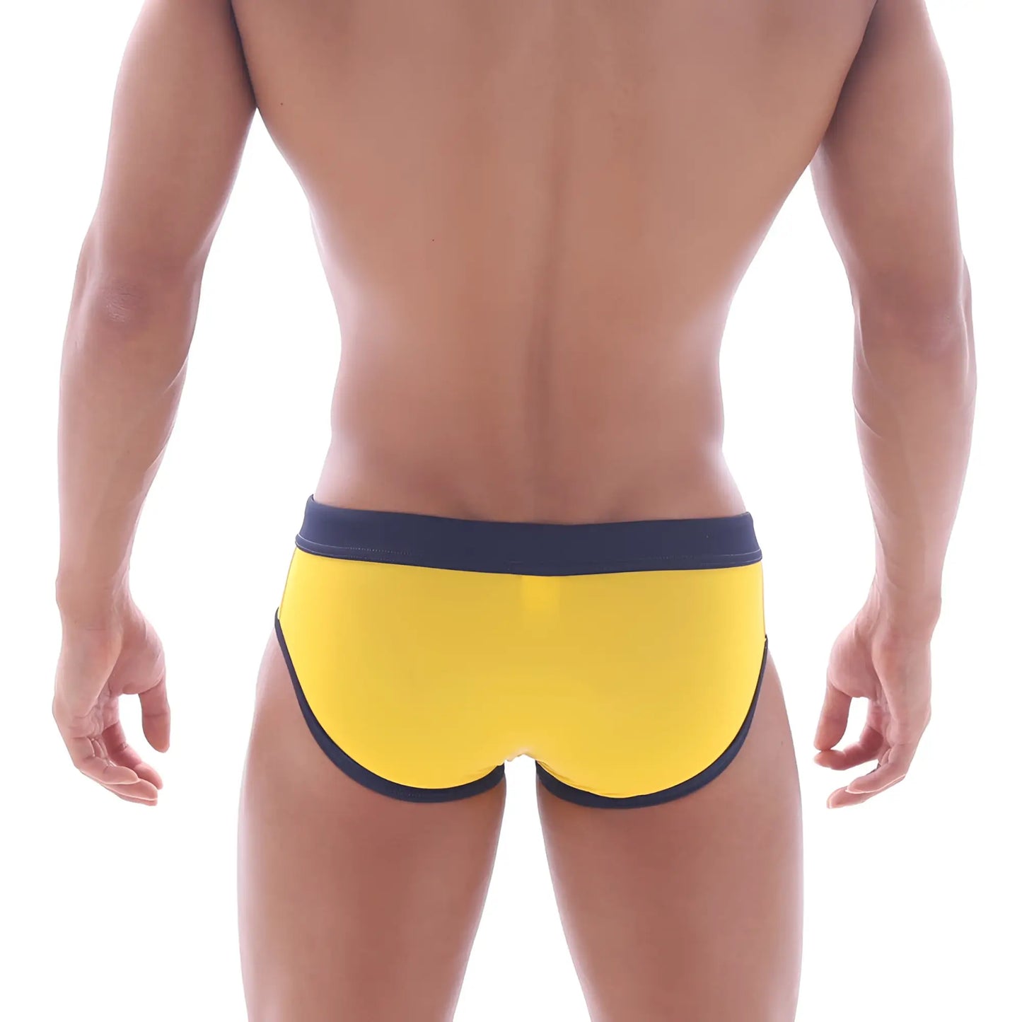 MetroMaleWear deporte swim brief yellow bright yellow swim trunks with navy blue waistband and trim for swimming