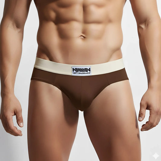 Metro malewear deportivo brief espresso 5203-f23 brown briefs with cream waistband featuring mettoms wear logo