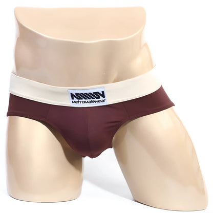 Maroon metroMaleWear deportivo brief with cream waistband and brand label designed for active comfort