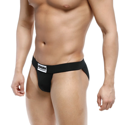 Black athletic briefs with white mann brand label and text below from metromalewear deseo bikini 3304-20 collection