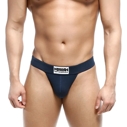 Navy blue metroMaleWear deseo bikini briefs with white label and black text for athletic comfort and style