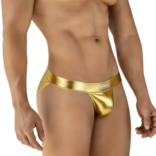 MetroMaleWear Deseo bikini metallic gold briefs with sleek shiny finish and small rectangular brand tag on waistband