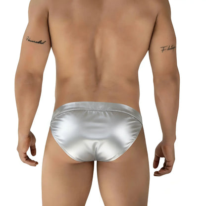 Silver satin briefs from metromalewear deseo bikini metallic silver 3304-m10 with smooth shiny fabric