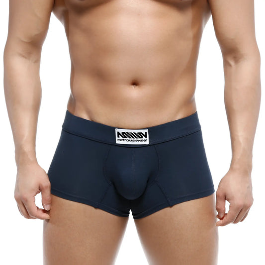 Navy blue MetroMaleWear deseo boxer briefs with a white branded label featuring logo and brand name metromalewear