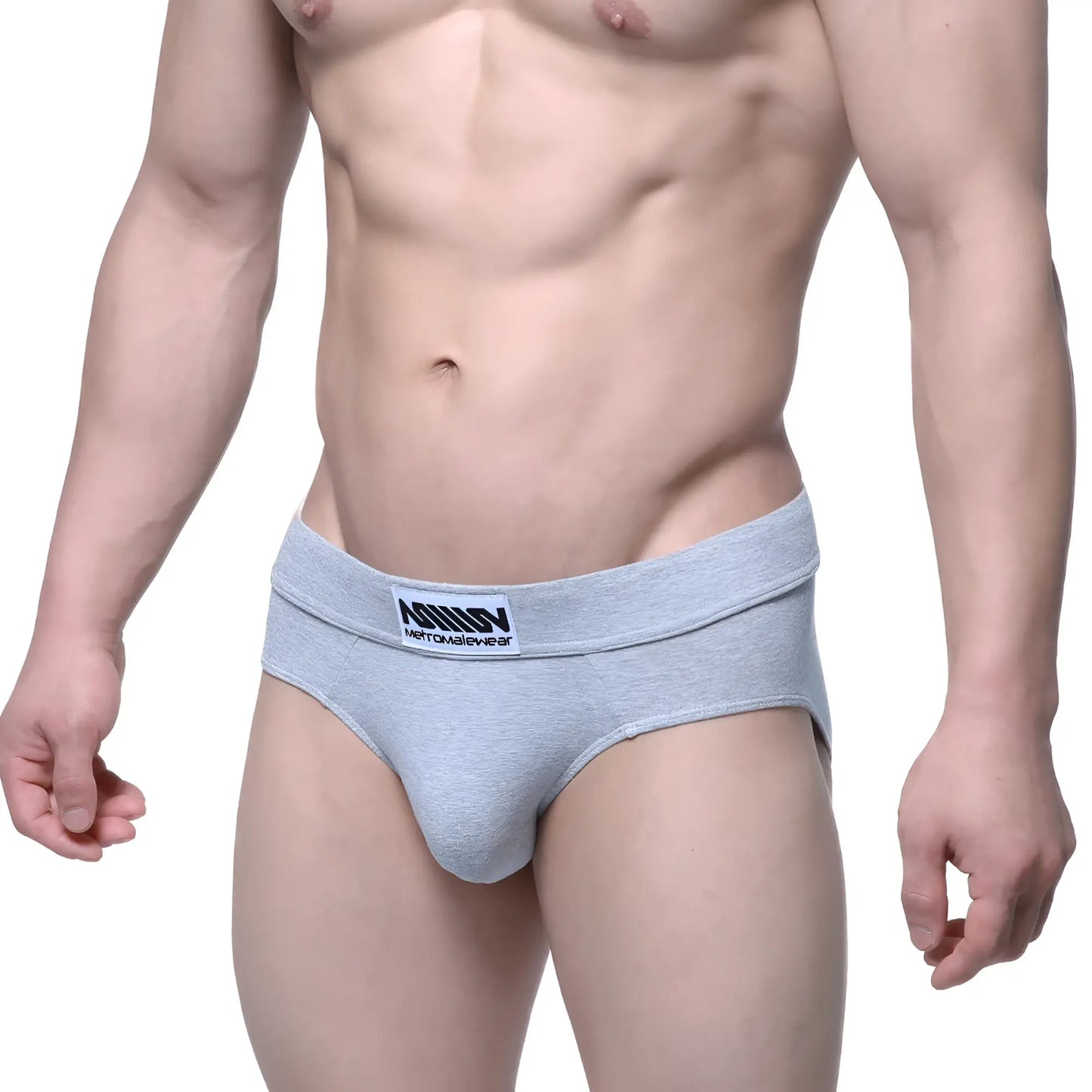 Gray heathered cotton briefs with a black and white branded waistband from MetroMaleWear Deseo Brief 5503-10