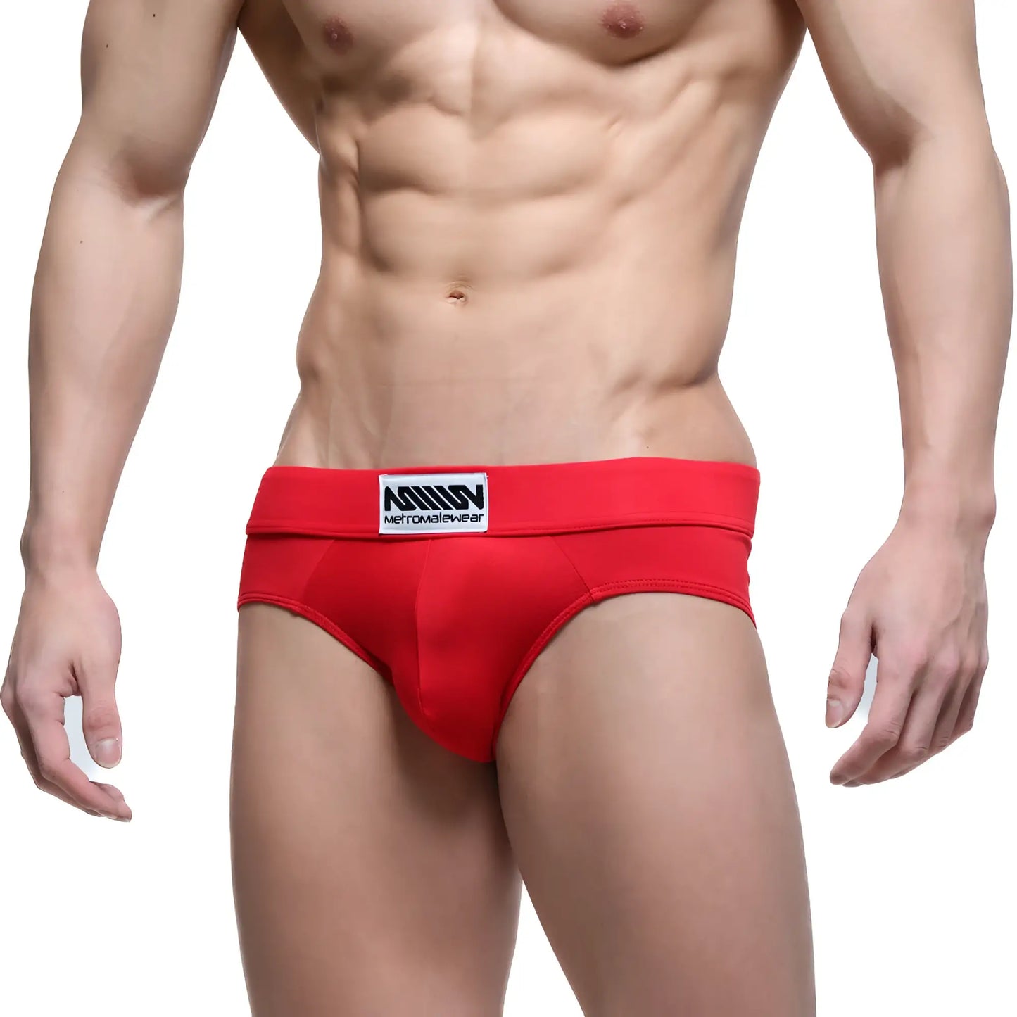 Red men’s briefs metroMaleWear Deseo brief 5503-12 with white and black logo on waistband for everyday comfort