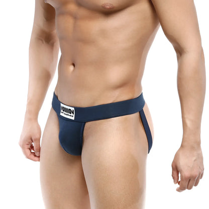 Navy blue metro male wear deseo jock strap with white branded waistband designed for athletic support and comfort