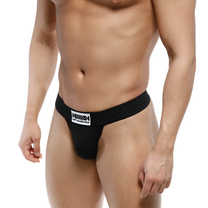 Black men’s briefs metroMalewear deseo thong black 3312-20 with white logo patch on waistband front view
