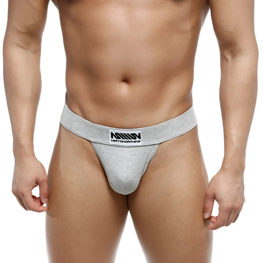 Gray heathered cotton briefs with a black and white metromalewear logo waistband metro malewear deseo thong jasper gray 3312-10