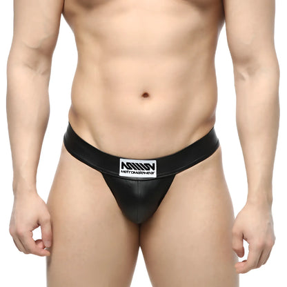 MetroMaleWear deseo black leather-like thong with white rectangular logo patch on waistband front view