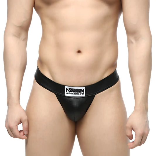 MetroMaleWear deseo black leather-like thong with white rectangular logo patch on waistband front view