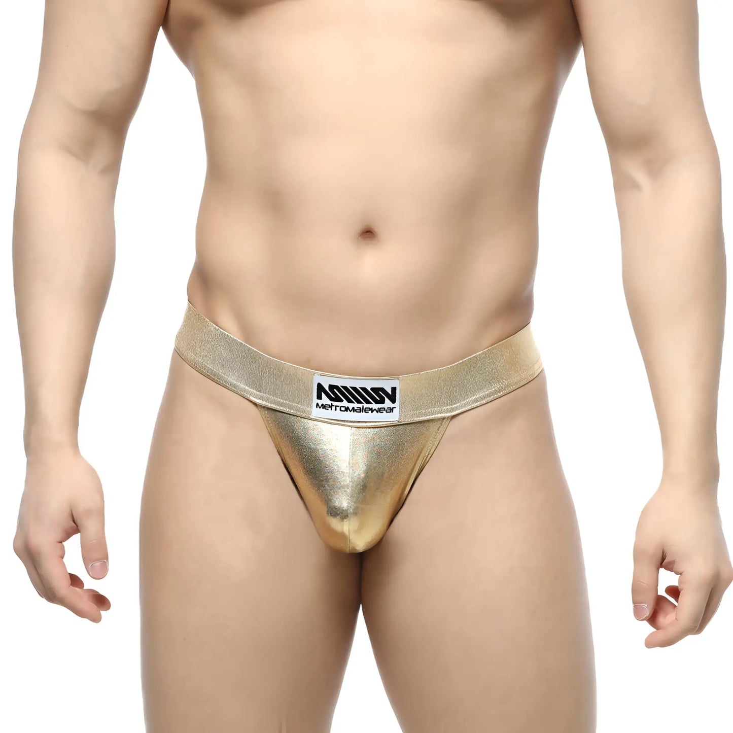 Gold metallic briefs with black and white logo waistband MetroMaleWear Deseo Thong Metal Gold 3312-21 front view