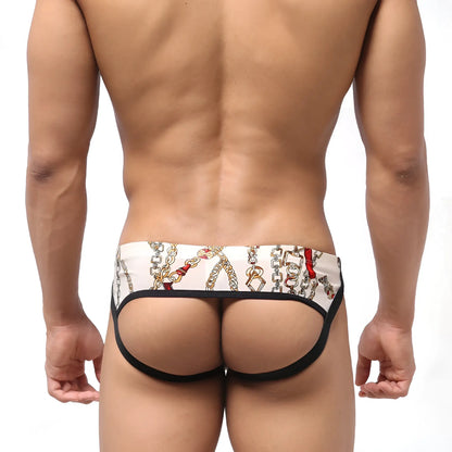 White briefs with chain and red accent pattern black trim from MetroMaleWear despejado jock strap lujos 1301-31