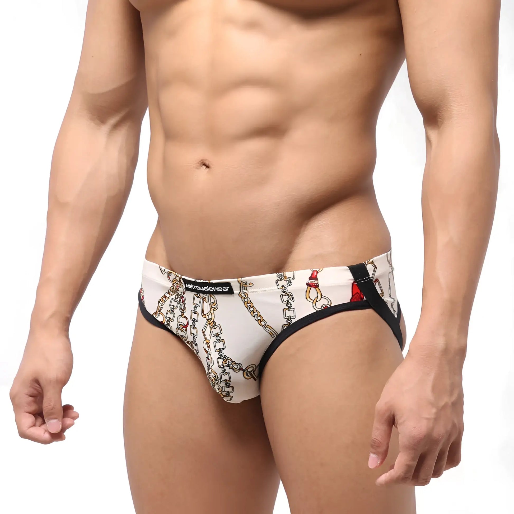 White men’s briefs with chain and lock pattern black trim and misto waistband from MetroMaleWear Despejado Jock Strap Lujos 1301-31