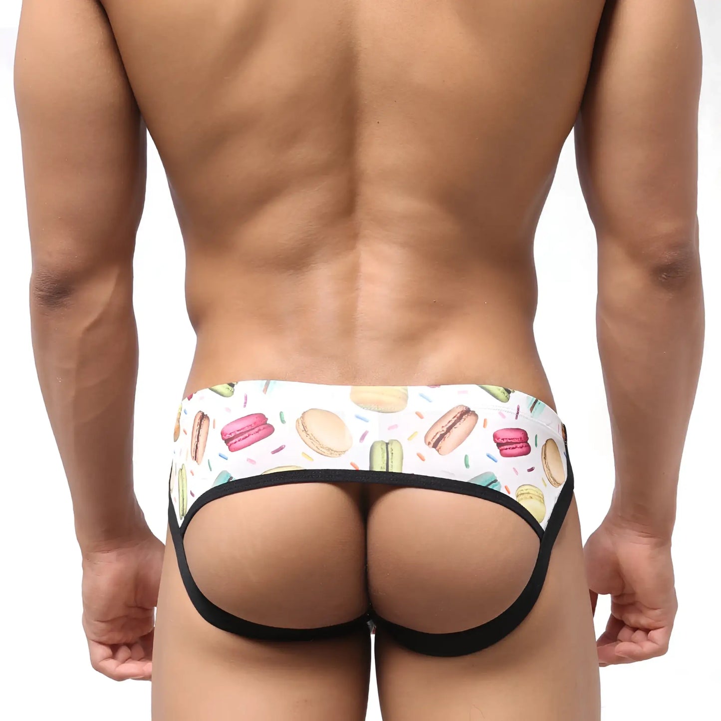 White and black briefs with playful colorful macarons hot dogs and sprinkles pattern from MetroMaleWear Despejado Jock Strap