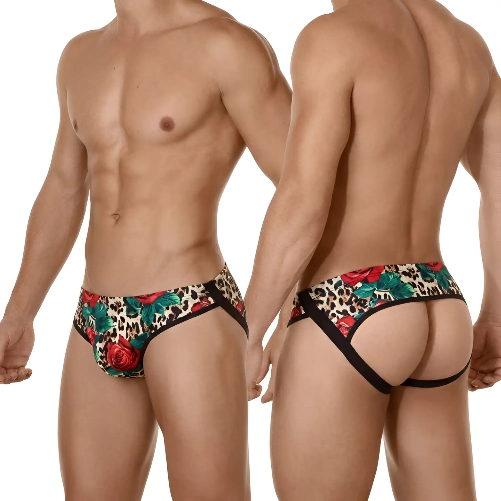 MetroMalewear despejado jock strap rosee 1301-81 vibrant floral and leopard print briefs with red roses green leaves and black trim